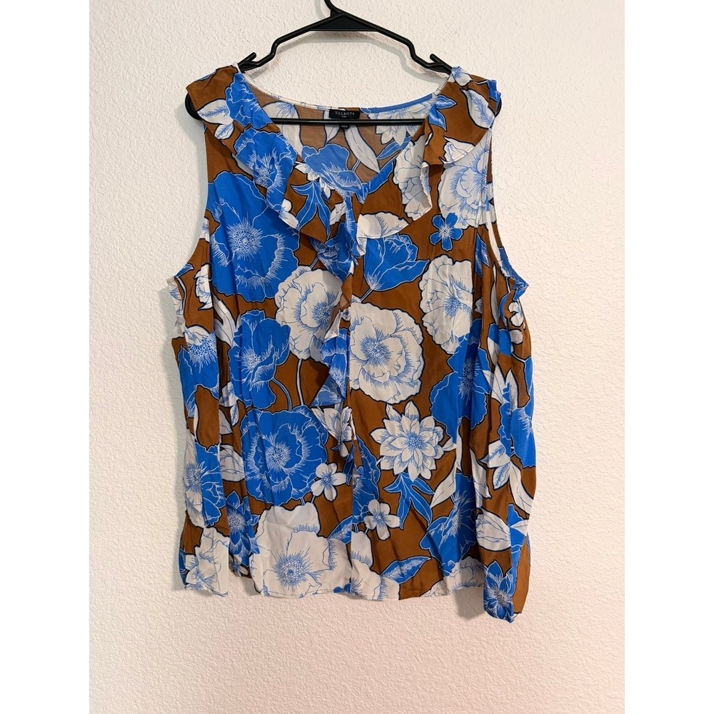 Talbots Plus Womens 1X Floral Ruffle V-Neck Shell Blouse Blue Brown Viscose Top